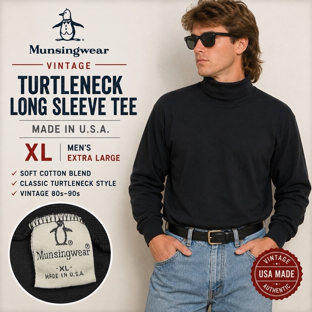 Vintage Munsingwear Black Turtleneck Sweatshirt USA Made Men's XL Minimalist